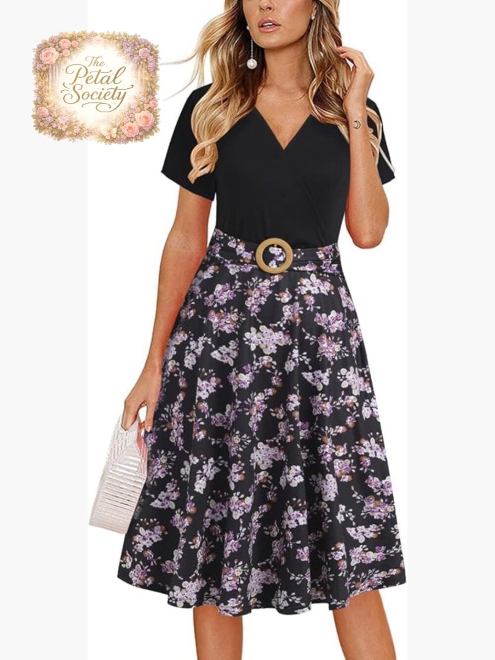 Vintage Fit and Flare Tea Dress with Pockets, Short Sleeve, Faux Wrap